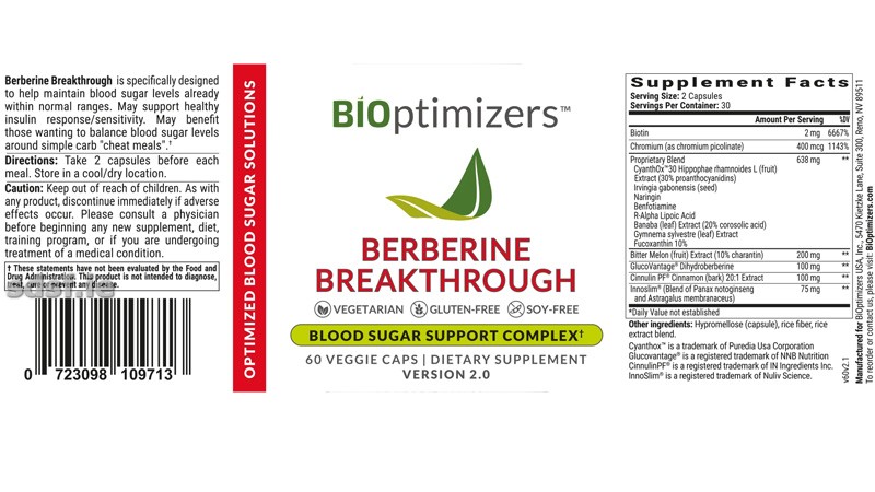 Berberine Breakthrough supplement facts and ingredient label
